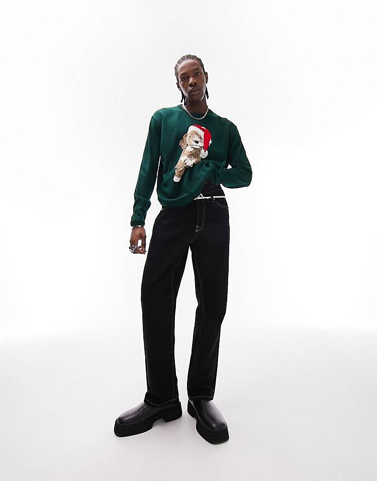 Topman knitted Christmas sweater with placement dog in light green